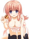  1girl all_fours aoi_akua apron black_thighhighs blue_eyes blush breasts food holding holding_food kouno_harumi long_hair looking_at_viewer naked_apron nude open_mouth pink_hair simple_background solo takoyaki thighhighs to_heart_2 white_background 