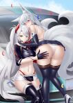  2girls absurdres animal_ears ass azur_lane bangs black_gloves black_skirt black_thighhighs blue_eyes blush breasts closed_mouth fox_ears fox_girl fox_tail gloves hand_on_another&#039;s_ass highres ichikushi_mojibake large_breasts long_hair microskirt multicolored_hair multiple_girls navel official_alternate_costume panties prinz_eugen_(azur_lane) prinz_eugen_(final_lap)_(azur_lane) red_hair red_panties revision shinano_(azur_lane) shinano_(moonlit_chrome)_(azur_lane) skirt smile streaked_hair tail thighhighs thighs underwear white_hair white_panties yellow_eyes 