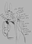  anthro backpack canid canine canis clothed clothing domestic_dog dress duo english_text female floppy_ears lagomorph leporid male male/female male_(lore) mammal rabbit shirt sketch skullwomb text topwear whispering 