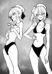  1girl :d bare_shoulders beret bikini blush breasts covering covering_breasts greyscale hand_on_hip hat highres hololive hoshimachi_suisei long_hair longlong_(drasdr7513) looking_at_viewer monochrome multiple_views navel side_ponytail smile sweatdrop swimsuit topless virtual_youtuber 
