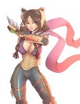 1girl ass_visible_through_thighs breasts brown_hair carrot cleru_(cleruuuuu) fingerless_gloves fire_emblem fire_emblem_awakening gloves knife large_breasts long_hair looking_at_viewer panne_(fire_emblem) pants rabbit_girl red_eyes scarf solo twintails weapon 