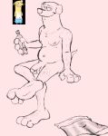  2022 3_fingers 3_toes almost_naked_animals anthro balls bedroom_eyes beverage beverage_bottle canid canine canis cartoon_network clothing digital_media_(artwork) domestic_dog feet fingers flaccid genitals grin hi_res howie_(almost_naked_animals) humanoid looking_at_viewer male mammal markings narrowed_eyes nipples penis puffy_the_destroyer seductive sketch skinny slightly_chubby smile smiling_at_viewer smirk solo solo_focus sun_(marking) toes underwear 