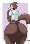  anthro beastars big_butt bottomless butt butt_focus canid canine canis clothed clothing eyelashes female glistening glistening_body hi_res huge_butt juno_(beastars) ll-ss mammal rear_view school_uniform shirt smile solo thick_thighs topwear uniform wide_hips wolf 