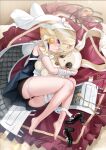  1girl bandages bare_legs black_footwear blonde_hair cain_art811 cape earrings highres holding holding_stuffed_toy jewelry looking_at_viewer lying medium_hair on_side one_eye_covered red_eyes ruby_(tower_of_fantasy) smile stuffed_toy thighs tower_of_fantasy 