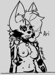  anthro ari_yellow_bell belly_nipples big_ears black_and_white blank_expression blank_stare breasts cheek_tuft chest_tuft choker collar collar_tag cut_ear ear_piercing ear_tuft eyebrow_piercing eyebrow_through_hair eyebrows eyelashes facial_markings facial_piercing facial_tuft felid female hair hair_over_eye half-length_portrait head_markings hi_res ivorydusk jewelry lashes looking_at_viewer mammal markings monochrome multi_nipple navel necklace nipples notched_ear one_eye_obstructed open_mouth piercing portrait pouch_(anatomy) prosthetic prosthetic_arm prosthetic_limb rough_sketch shoulder_tuft sketch solo stare striped_face stripes sybaricat talehnyan teeth_showing translucent translucent_hair tuft wavy_hair 