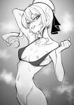  1girl :d arm_behind_head bare_shoulders beret bikini bikini_top_only blush bottomless breasts greyscale groin hat highres hololive hoshimachi_suisei long_hair longlong_(drasdr7513) looking_at_viewer monochrome nipples open_mouth side_ponytail smile solo sweat swimsuit virtual_youtuber 