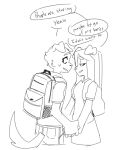  anthro backpack canid canine canis clothed clothing domestic_dog duo english_text female floppy_ears hair hand_holding intraspecies male male/female mammal monochrome skullwomb text young 