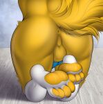  absurd_res akatosh anthro anus backsack balls butt butt_shot canid canine erection fox fur genitals hi_res himme male mammal nude pawpads paws penis solo white_body white_fur yellow_body yellow_fur yellow_pawpads yellow_paws 
