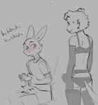  anthro blush blush_lines canid canine canis clothed clothing domestic_dog duo erection erection_under_clothing floppy_ears holding_object lagomorph leporid lingerie male mammal open_mouth rabbit shirt sketch skullwomb topwear 