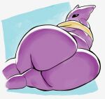  alien beri_(sqoon) big_butt black_sclera bottomless butt clothed clothing hi_res huge_butt humanoid looking_back lying male nondelismell on_side purple_body puwa shirt solo thick_thighs topwear white_eyes 