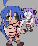  2girls blue_hair brown_footwear draculoid green_eyes grey_background hiiragi_kagami izumi_konata lucky_star mole mole_under_eye multiple_girls open_mouth parody purple_hair red_skirt school_uniform simple_background skirt socks white_socks 