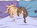  2girls artist_name bangs blonde_hair brown_hair closed_eyes commentary earrings genshin_impact hair_between_eyes jean_(genshin_impact) jewelry lisa_(genshin_impact) long_hair multiple_girls pillow ponytail sleeping under_covers vickie_(cryingrobot) yuri 