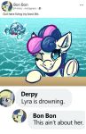  asphyxiation bonbon_(mlp) derpy_hooves_(mlp) drowning earth_pony english_text equid equine friendship_is_magic hasbro horn horse looking_at_viewer lyra_heartstrings_(mlp) mammal my_little_pony one_eye_closed pony social_media text unicorn wink winking_at_viewer witchtaunter 
