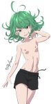  :d absurdres antenna_hair breasts cowboy_shot curly_hair green_eyes green_hair highres looking_at_viewer male_swimwear male_swimwear_challenge medium_hair myahogao nipples one-punch_man simple_background small_breasts smile swim_trunks tatsumaki topless tsurime white_background 