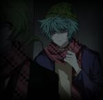  2boys adjusting_scarf aqua_eyes aqua_hair bags_under_eyes beanie black_jacket blue_jacket closed_mouth collar dark green_eyes green_hair green_headwear grey_background hair_between_eyes hand_up hat highres hiyori_sou jacket kimi_ga_shine korean_commentary long_sleeves looking_at_another low_ponytail male_focus midori_(kimi_ga_shine) multiple_boys polka_dot polka_dot_scarf red_scarf scarf shirt short_hair spiked_hair sweat upper_body yapp722 yellow_shirt 