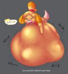  2021 animal_crossing anthro belly big_belly blush bodily_fluids bodily_noises canid canine canis clothing digestion digital_media_(artwork) domestic_dog emeraldfur english_text eyes_closed female female_pred fur hair hi_res isabelle_(animal_crossing) mammal nintendo onomatopoeia open_mouth oral_vore rumbling_stomach same_size_vore shih_tzu simple_background soft_vore solo sound_effects sweat teeth text tongue toy_dog video_games vore yellow_body yellow_fur 