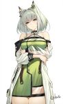  1girl animal_ears arknights bare_shoulders black_collar breasts cat_ears cat_girl coat cokuto1 collar cowboy_shot criss-cross_halter crossed_arms detached_collar dress frown green_dress green_eyes green_hair hair_ornament halterneck head_tilt highres kal&#039;tsit_(arknights) looking_at_viewer medium_breasts medium_hair off-shoulder_coat off_shoulder see-through short_hair signature simple_background solo thigh_gap thighs white_background white_coat 