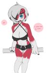  anthro blue_eyes blush breasts clothed clothing english_text female generation_7_pokemon hi_res looking_at_viewer lycanroc midnight_lycanroc nintendo pokemon pokemon_(species) red_body rivvoncat simple_background solo text video_games white_background white_body 
