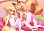  2girls all_fours animal_ear_fluff animal_ears ass bed blonde_hair blue_eyes bodystocking bodysuit breasts covered_navel covering covering_breasts face-to-face feet fox_ears fox_girl fox_tail green_eyes hair_intakes kokonoe_hisagi kokonoe_tsubaki leaning_back legs long_hair multiple_girls multiple_tails no_panties no_shoes open_mouth original pillow siblings sisters sitting small_breasts soles tail tail_censor thighs toes two_tails white_bodysuit yoshizawa_tsubaki 