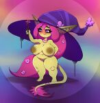  areola big_breasts blush breasts clothing flower genitals goblin hand_on_hip hat headgear headwear hi_res humanoid humanoid_pointy_ears inverted_nipples nipples not_furry plant pussy short_stack thick_thighs twistingtoxic witch_hat 