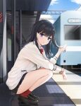  1girl :o bangs black_hair black_skirt blue_eyes blue_sky bow bowtie breasts from_side full_body gridman_universe ground_vehicle highres loafers long_hair looking_at_viewer looking_to_the_side miniskirt outdoors parted_lips playing_with_own_hair pleated_skirt qing_wu red_bow red_bowtie red_socks school_uniform scrunchie shirt shoes skirt sky socks solo squatting ssss.gridman takarada_rikka thighs train train_station white_shirt wrist_scrunchie 