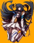  1girl :&lt; absurdres black_hair blue_bow blue_eyes boots bow highres jumping katana kekel kill_la_kill kiryuuin_satsuki long_hair looking_to_the_side pleated_skirt sailor_collar sheath sheathed simple_background skirt solo sword thick_thighs thigh_boots thighs weapon yellow_background 