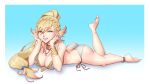  1girl aged_up ass bare_legs barefoot bikini blonde_hair braid breasts butt_crack cleavage cleru_(cleruuuuu) fire_emblem fire_emblem_heroes green_eyes grey_bikini grin highres large_breasts long_hair lying multicolored_hair official_alternate_costume on_stomach ponytail sharena_(fire_emblem) smile solo swimsuit the_pose 