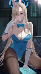  1girl absurdly_long_hair animal_ears asuna_(blue_archive) asuna_(bunny)_(blue_archive) blonde_hair blue_archive blue_bow blue_bowtie blue_eyes blue_leotard bow bowtie breasts brown_pantyhose cleavage detached_collar fake_animal_ears gaitoou gloves grin hair_over_one_eye hairband halo hand_up highres kneeling large_breasts leotard long_hair looking_at_viewer mole mole_on_breast no_shoes pantyhose playboy_bunny rabbit_ears smile solo straight_hair tablet_pc thighband_pantyhose tiptoes v very_long_hair white_gloves white_hairband 