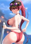  1girl absurdres adjusting_clothes adjusting_swimsuit ass bare_shoulders bikini black_headwear blurry blurry_background breasts cowboy_shot dimples_of_venus earrings eyewear_on_headwear glint hat heart heart-shaped_eyewear heterochromia high_ponytail highres hololive houshou_marine jewelry kokono_(kokonokami) large_breasts long_hair looking_at_viewer looking_back nail_polish ocean outdoors parted_lips pink_nails red_bikini red_eyes red_hair solo string_bikini sunglasses swimsuit thighs twisted_torso underboob very_long_hair virtual_youtuber water wet yellow_eyes 