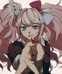  1girl bangs blonde_hair bow cosplay danganronpa:_trigger_happy_havoc danganronpa_(series) enoshima_junko enoshima_junko_(cosplay) freckles hair_bow hair_ornament highres ikusaba_mukuro long_hair mi_cha_iru nail_polish purple_eyes rabbit_hair_ornament red_bow red_nails simple_background smile solo teeth twintails two-tone_bow upper_body v 