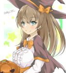  1girl alternate_costume blue_eyes brown_cape brown_hair brown_headwear cape frilled_shirt frills gakky hat jack-o&#039;-lantern kantai_collection kumano_(kancolle) long_hair one-hour_drawing_challenge ponytail pumpkin shirt solo upper_body witch_hat 