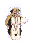  &lt;3 absurd_res anthro black_body black_fur blue_eyes blush bodily_fluids canid canine canis chest_tuft collar domestic_dog drooling f-r95 fangs female floppy_ears fur hair happy heterochromia hi_res hindpaw kneeling leash leash_in_mouth looking_up mammal navel nude object_in_mouth open_mouth pawpads paws pink_eyes saliva simple_background smile solo tan_body tan_fur tan_hair text tongue tongue_out tuft white_body white_fur 
