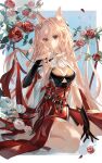  1girl absurdres animal_ears arknights black_bra black_gloves bra breasts cape cleavage flower gloves hair_intakes hair_ornament hand_up high-waist_skirt highres long_hair looking_at_viewer medium_breasts partially_fingerless_gloves pink_hair pozyomka_(arknights) red_eyes red_flower red_skirt seiza sitting skirt solo tewuxiaoyao underwear very_long_hair white_cape wolf_ears wolf_girl 