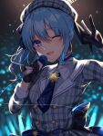  1girl 2021 bangs black_gloves blue_choker blue_eyes blue_hair blue_ribbon choker collared_shirt gloves hair_between_eyes hair_ribbon hat holding holding_microphone hololive hoshimachi_suisei long_sleeves microphone necktie one_eye_closed open_mouth ribbon sakura_(tariliko) shirt side_ponytail smile solo upper_body virtual_youtuber 