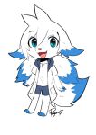  anthro blue_body blue_bottomwear blue_clothing blue_eyes blue_fur blue_pants blue_topwear bottomwear canid canine canis chibi clothed clothing domestic_dog front_view full-length_portrait fur glistening glistening_eyes hair happy looking_at_viewer male mammal open_mouth open_smile pants penguinexperience portrait signature simple_background smile solo standing topwear white_background white_body white_clothing white_fur white_hair white_topwear 
