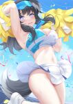  1girl absurdres animal_ears arm_up armpits bangs bare_shoulders black_hair blue_archive blue_eyes blue_sky blush breasts cheerleader confetti day dog_ears dog_girl dog_tail eyewear_on_head goggles goggles_on_head halo hibiki_(blue_archive) hibiki_(cheerleader)_(blue_archive) highres holding holding_pom_poms large_breasts long_hair looking_at_viewer miniskirt navel no_panties official_alternate_costume open_mouth pom_pom_(cheerleading) skirt sky sleeveless solo star_sticker sticker_on_face strelka_belca sweat tail thighs white_skirt wind wind_lift 