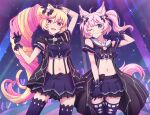  2girls :d ;) ahoge animal_ear_fluff animal_ears bangs black_gloves black_jacket black_shirt black_skirt black_thighhighs blonde_hair blue_eyes breasts cat_ears cat_girl cat_tail center_frills closed_mouth collared_shirt drill_hair e20 fang frilled_skirt frills gloves hair_between_eyes highres hood hood_down hooded_jacket howan_(show_by_rock!!) jacket long_hair mashima_himeko_(show_by_rock!!) medium_breasts multicolored_hair multiple_girls navel one_eye_closed open_clothes open_jacket pink_hair pleated_skirt red_eyes sailor_collar shirt show_by_rock!! single_drill skirt sleeveless sleeveless_jacket sleeveless_shirt smile striped_tail tail thighhighs two-tone_hair very_long_hair white_sailor_collar 