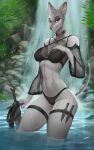  absurd_res anthro breasts canid canine clothed clothing female hi_res holding_object holding_sword holding_weapon lingerie mammal melee_weapon multi_nipple nipples panties partially_submerged refegi solo sword underwear water waterfall weapon 