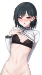  1girl :o absurdres aqua_ribbon arm_behind_back bangs black_bra black_hair blush bottomless bra breasts clothes_lift commentary_request ear_blush fang groin hair_behind_ear hair_between_eyes hair_ribbon hand_on_own_chest hand_up highres jacket jacket_lift lifted_by_self long_sleeves looking_at_viewer love_live! love_live!_nijigasaki_high_school_idol_club mifune_shioriko nasuno_(nasuno42) navel nipples nose_blush out-of-frame_censoring parted_lips raised_eyebrows red_eyes ribbon ribs short_hair simple_background skin_fang small_breasts solo standing stomach underwear upper_body white_background white_jacket 