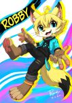  2019 abstract_background anthro black_bottomwear black_clothing black_pants black_topwear blonde_hair blue_clothing blue_eyes blue_topwear bottomwear brown_body brown_fur canid canine chibi clothed clothing dated fangs fox full-length_portrait fur glistening glistening_eyes hair happy hi_res looking_at_viewer male mammal open_mouth open_smile pants penguinexperience pink_tongue portrait robby_(penguinexperience) short_hair signature smile solo tongue topwear torn_bottomwear torn_clothing torn_pants white_body white_fur yellow_body yellow_fur 