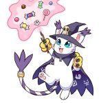  bakemon black_cape black_headwear blue_eyes candy cape cat claws cosplay digimon digimon_(creature) digimon_adventure food full_body highres holding holding_wand lollipop looking_up no_humans pumpkin solo squirrel_(thatsquirrelly) tail tail_ornament tail_ring tailmon two-sided_cape two-sided_fabric wand wizarmon wizarmon_(cosplay) 