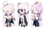  3boys animal_ears bear_ears black_hair bungou_stray_dogs cape character_request chibi commentary eyepatch fyodor_dostoyevsky_(bungou_stray_dogs) grey_eyes hat highres male_focus multicolored_hair multiple_boys open_mouth purple_hair rabbit_ears scar scar_across_eye seto_(setosan) sigma_(bungou_stary_dogs) split-color_hair symbol-only_commentary top_hat white_cape white_eyes white_hair white_headwear white_wings wings yellow_eyes 