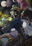  1girl :d black_dress black_headwear blurry cogita_(pokemon) collarbone commentary_request dress drifloon enamorus enamorus_(incarnate) flower from_below gengar green_eyes hair_over_one_eye hat hat_flower head_rest highres hisuian_zorua misdreavus moon night open_mouth outdoors pokemon pokemon_(creature) pokemon_(game) pokemon_legends:_arceus rotom rotom_(normal) sky smile ssn_(sasa8u9r) table teapot tree white_flower 