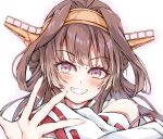  1girl absurdres ahoge brown_hair dairyo3 double_bun grin hair_bun hairband headgear highres japanese_clothes kantai_collection kongou_(kancolle) long_hair looking_at_viewer purple_eyes ribbon-trimmed_sleeves ribbon_trim simple_background smile solo upper_body white_background 