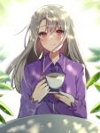  1girl bangs blush closed_mouth collared_shirt cup fate_(series) holding holding_cup illyasviel_von_einzbern long_hair long_sleeves looking_at_viewer purple_shirt red_eyes sakura_(tariliko) shirt smile solo table tea teacup white_hair 