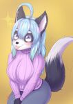  2021 absurd_res ahoge anthro big_breasts breasts canid canine canis clothing domestic_dog exited female hair hanul hi_res mammal simple_background solo star_eyes sweater syst tail_motion tailwag tongue tongue_out topwear 