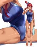  1girl absurdres blue_eyes blue_one-piece_swimsuit blush closed_mouth competition_swimsuit covered_navel dark_skin highres holding holding_towel light_smile one-piece_swimsuit pokemon red_hair skyla_(pokemon) standing swimsuit tan toin_(koto54576897) towel water_drop wet 