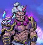  1boy abs akuma_(street_fighter) armor bangs bead_necklace beads belt black_sclera closed_mouth colored_sclera crossover frown grey_hair horns jewelry league_of_legends looking_at_viewer male_focus multicolored_background muscular muscular_male necklace outdoors phantom_ix_row pink_eyes serious short_hair shoulder_plates single_horn solo spirit_blossom_(league_of_legends) street_fighter tattoo upper_body 
