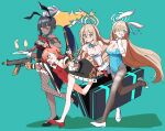  4girls akane_(blue_archive) akane_(bunny)_(blue_archive) anger_vein animal_ears asuna_(blue_archive) asuna_(bunny)_(blue_archive) blue_archive bow bowtie breasts detached_collar fake_animal_ears fishnet_pantyhose fishnets glasses gun hair_over_one_eye halo highres holding holding_tray karin_(blue_archive) karin_(bunny)_(blue_archive) long_hair machine_gun meeeeeeco359 mole mole_on_breast multiple_girls neru_(blue_archive) neru_(bunny)_(blue_archive) official_alternate_costume pantyhose playboy_bunny rabbit_ears short_hair simple_background traditional_bowtie tray very_long_hair weapon 