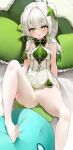  1girl :d absurdres bare_arms bare_shoulders berserker_r blush breasts colored_tips cross-shaped_pupils dress feet foot_out_of_frame genshin_impact gradient_hair green_eyes green_hair hair_ornament hand_on_own_thigh highres knee_up leaf_hair_ornament leaning_back long_hair looking_at_viewer medium_breasts multicolored_hair nahida_(genshin_impact) panties panties_under_pantyhose pantyhose parted_lips pointy_ears ponytail revision see-through see-through_legwear short_dress side_ponytail sideboob sitting sleeveless sleeveless_dress slime_(genshin_impact) smile solo thighs toes two-tone_hair underwear white_hair white_pantyhose 